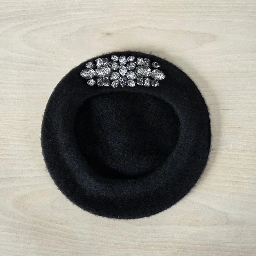 100% Wool Black Beret Hat w/Large Silver Rhinestone Jewel Embellishment